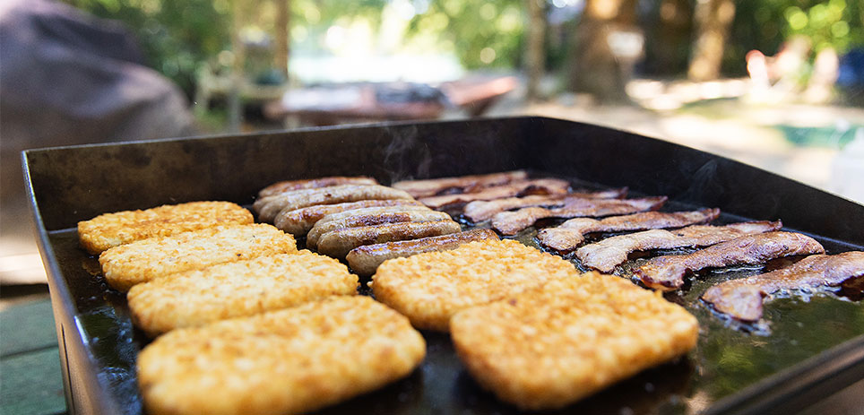 Griddle with breakfast foods outside